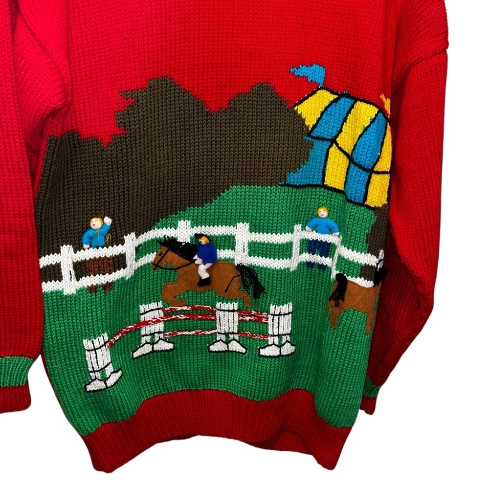 Vintage 100% cotton salsa sweater made in Peru horse jockey 3d large L red retro - Picture 2 of 8